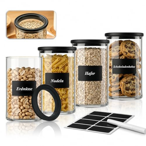 twoant Juego de 4 Redondos Tarros de Cristal Con Tapa Hermética transparente，1200ml Cocina Botes Almacenaje Ideales Para Guardar Especias, Pasta, Legumbres, Avena, Cereales