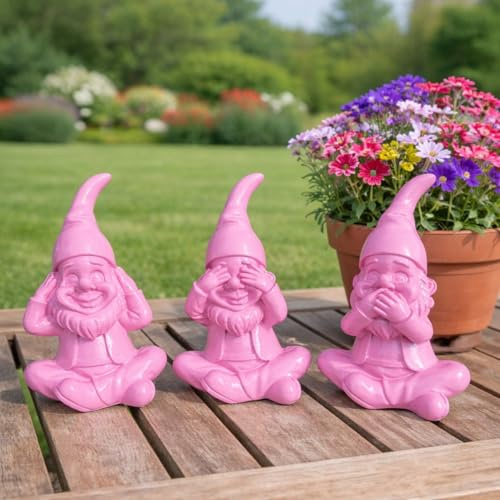 Online Fuchs 3er Set lustige Gartenzwerge, Wichtel - Nichts hören, Nichts sehen, Nichts Sagen - Gartenfiguren für draußen, wetterfest - 16 cm groß (Rosa)