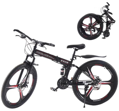 LSBIKE 24/26/27,5 Zoll Klappbares Mountainbike, Leichtbau-Rahmen Faltbares Fahrrad Sport für Erwachsene, Scheibenbremse vorne und hinten Vollfederung, MTB mit 21 Gang Schaltung