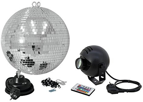 Eurolite Spiegelkugelset 30cm mit LED-RGB-Spot FB | Set bestehend aus Motor, Spiegelkugel, Kette, farbigem Spot & Fernbedienung | Alles für den perfekten Discostart