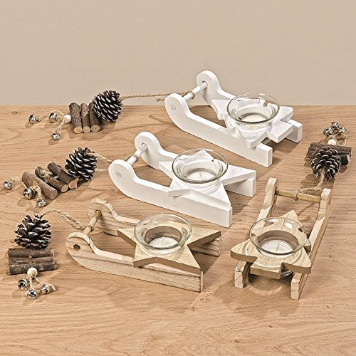 BOLTZE Teelichthalter Schlitten Holz H 4 cm 2er Set Natur oder weiß 2 Ausführungen