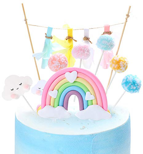 Cake Topper Rainbow, Geburtstag Hochzeitstorte Flaggen Set Regenbogenwolke Ballonform Kuchen Dekor Cupcake Picks für Mädchen Kinder Geburtstag Baby Shower Party Backen Dekoration Zubehör (helle Farbe)