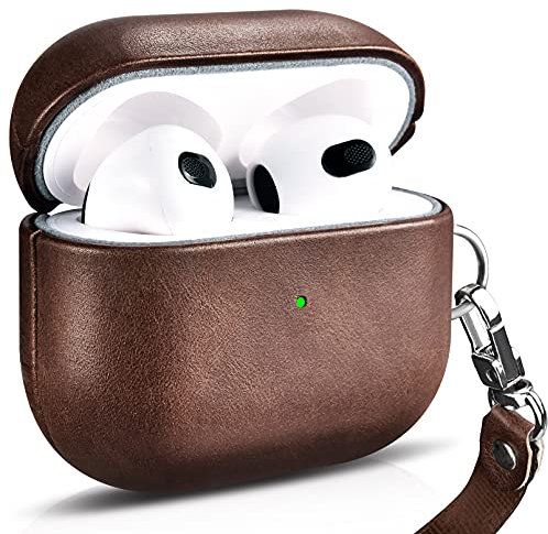 Ledertasche für AirPods 3(Oktober 2021), ICARERSPACE Premium Echtleder Stoßfeste Schutzhülle für Apple AirPods 3 Ohrhörer Ladehülle (LED sichtbar) Unterstützt kabelloses Ladegerät BRAUN