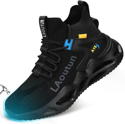 Safety Trainers Safety Boots Steel Toe Cap Trainers Mens Work Shoes Lightweight Work Boots for Men Comfortable Steel Toe Cap Shoes Dark Black Size 10UK