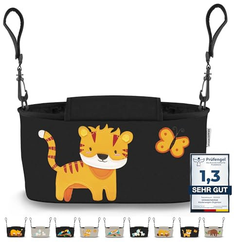 GRINSEZWERGE Kinderwagen Organizer – Premium Kinderwagentasche verschließbar I Kinder Buggy Tasche mit Feuchttuchspender I Baby Stroller Bag Grau I Aufbewahrungstasche (Theo Tiger (schwarz))