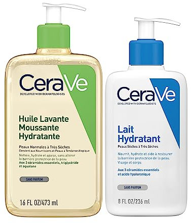 CeraVe Huile de Douche Lavante à l'Acide Hyaluronique pour Peaux Normales à Très Sèches, à Tendance Atopique 473 ml + CeraVe Lait Crème Hydratante pour Corps & Visage 24h Nourrissante