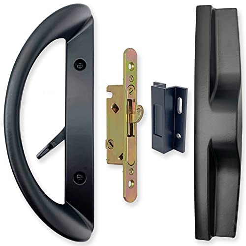 ALLYWASAI Patio Sliding Door Handle Set with Mortise Lock, Face Plate and Keeper, Replacement Handle Lock Set Fits Door Thickness from 1-1/2 to 1-3/4, 3-15/16 Screw Hole Spacing, Non-keyed, Black