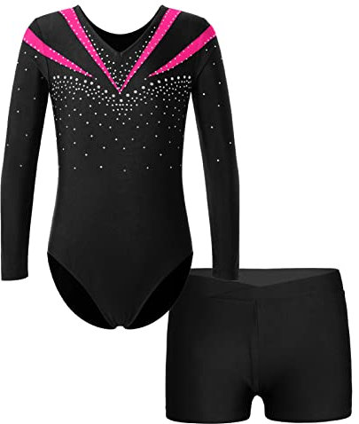 iEFiEL Kinder Mädchen Turnanzug Gymnastik Outfits Glitzer Trikot mit Shorts Tanz Akrobatik Bodysuit V-Ausschnitt Sport Anzug Rosa 134-140