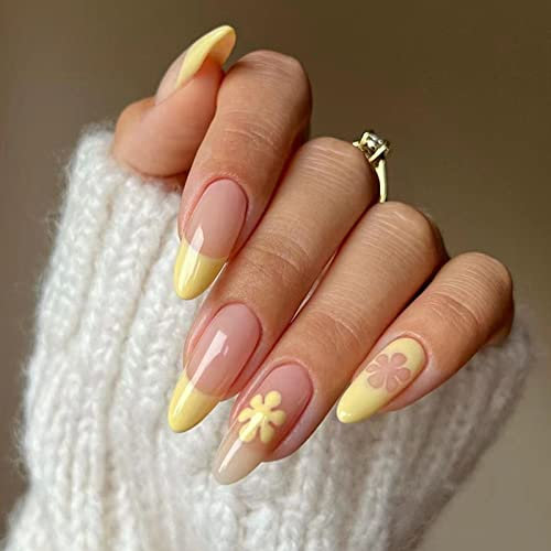 AKOFIC 24Pcs Almond False Nails Short, French Acrylic Press on Nails Designs, Full Cover Stick on Nails, Fake Nails with Jelly Glue for Women Girls Nail Art (Flower Yellow Nude)