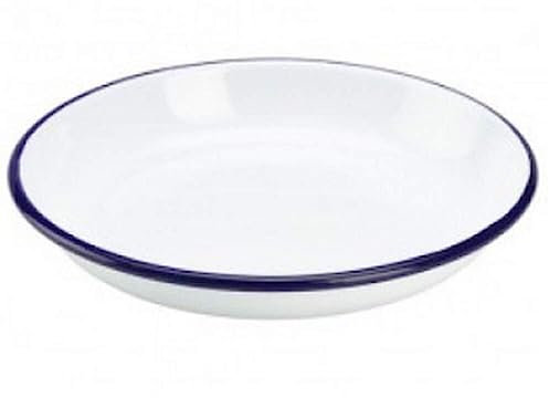Premium Quality Traditional Enamel White Blue Trim Rice Pasta Plate, Bowl, Dinnerware - Round Pie, Soup, Mixing Bowls, Deep Dish Tableware (24cm)