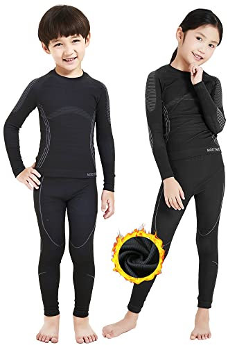 NOOYME Thermounterwäsche Kinder Set Skiunterwäsche Thermo Unterwäsche Extra Warme Funktionsunterwäsche Unisex Sportunterwäsche Fussball, Schwarz-grau (158/164) 155-160cm