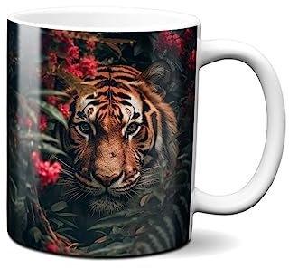 Hustling Sharks® Tasse mit Tier - Tiger in Blumen - Geschenk Kaffeetasse - 330ml Spülmaschinenfest, Keramik - weiß, Tassen mit Tiermotiv, Tasse Motivation, Tasse Büro, Tasse Tiger