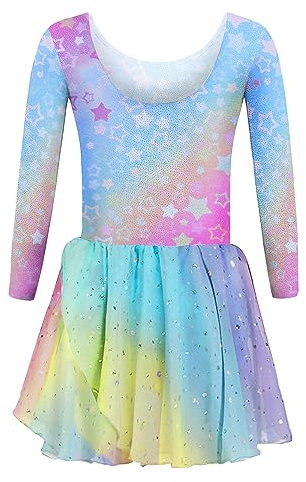 trudge Ballettkleid Mädchen Ballettkleidung Kinder Ballettanzug Langarm Tanzkleid Ballett Trikot Mit Rock Tütü Tanzbody Regenbogen 130/3-4 Jahre