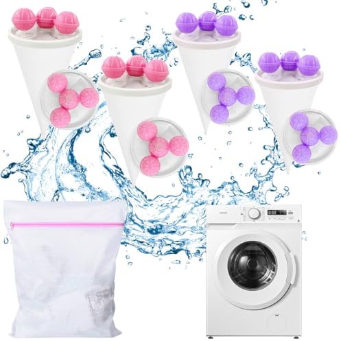 Ruayia 4x Waschbäll mit 1x Wäschenetz für Waschmaschine, Fussel-Haarfänger aus Haustierpelz im konisch zulaufenden Mesh-Design (2*Pinker Waschbäll+2*Lila Waschbäll)