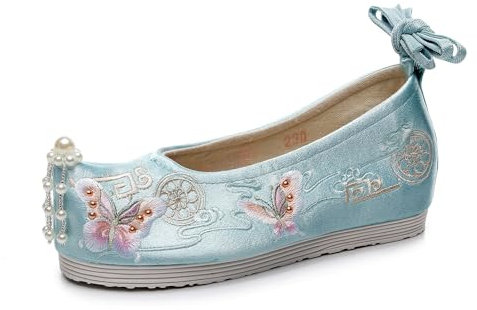 Chaussures À Fleurs Brodées Hanfu Pour Dames, Chaussures Traditionnelles Chinoises Avec Décoration De Perles Légères Et Décontractées Chaussures Augmentant La Hauteur Intérieure(Color:Green,Size:39 EU