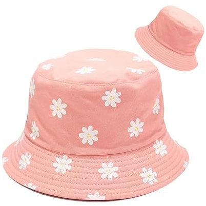 SUNTRADE Niedlicher Fischerhut für Kinder, Strand, Fischerhut, wendbar, doppelseitig, mit Gänseblümchen-Aufdruck, rose, 54