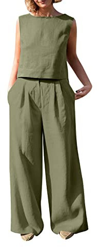 Freizeitanzug-Schwarz-Loose-Rundhals Tank Tops Und Shorts 2-Teiliges Sommeranzug Leicht Atmungsaktiv LäSsige Anzug Strandhose Zwanglos Stylisch Freizeithose Langes Weites Bein