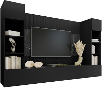 Mirjan24 Wohnwand Deromi, Anbauwand mit Wandpaneele und TV-Lowboard, Akustikplatten, Fernsehschrank, Schrankwand, Mediawand, TV-Lowboard (Schwarz + Schwarz Marmor, 2X Hängeregal)