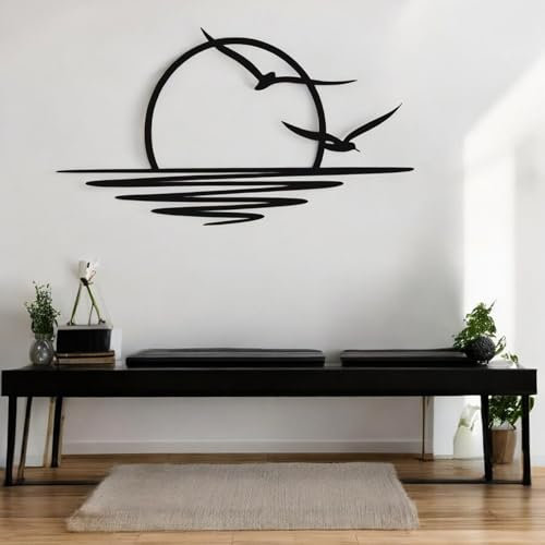 Metall Wandkunst Sonnen-Glitzer-Wanddekoration – schwarze minimalistische Linienkunst – Sonnenaufgang-Wandbehang für Wohnzimmer, Schlafzimmer (sun+bird, X-Large, textüre)