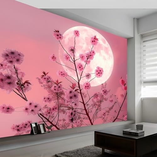 Mural Wallpaper Romantic Flowers Moon Wall Mural Photo Wallpaper Non-Woven Art Print 200 x 140 cm Wall Mural Decoration Poster, for Bedroom Living Room Sofa TV Backgroun Pink