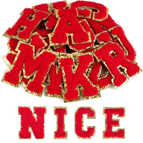 ASTARON 26 Pcs Self Adhesive Letter Patches Chenille Letters Stickers, A-Z Embroidered Applique Patches Alphabet Cloth Patch for Clothes, Bags, Hat, Phone Case, DIY Accessories (Red)