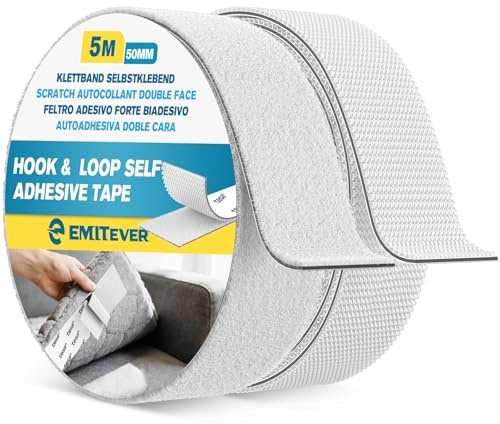 EMITEVER Klettband Selbstklebend Extra Stark-Klettverschluss 5m x 50mm | Verstärkte Klebefolie, 1,1 mm dick, temperaturbeständig, rückstandsfrei entfernbar, zuschneidbar Weiß