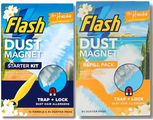 Dust Magnet Starter Kit (4 Pads 1 Duster) – Mrs Hinch Vacay Vibes Edition in Orange Blossom & Coastal Cypress Scent Complete Cleaning Set with Dust Magnet Handle and 9 Scented Refills