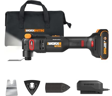 Worx Cordless Oscillating Tool, 20V AntiVibe Sonicrafter, WX698L | 5° oscillation angle; Low-vibration build; variable speed; full accessory with battery for renovation cutting & sanding