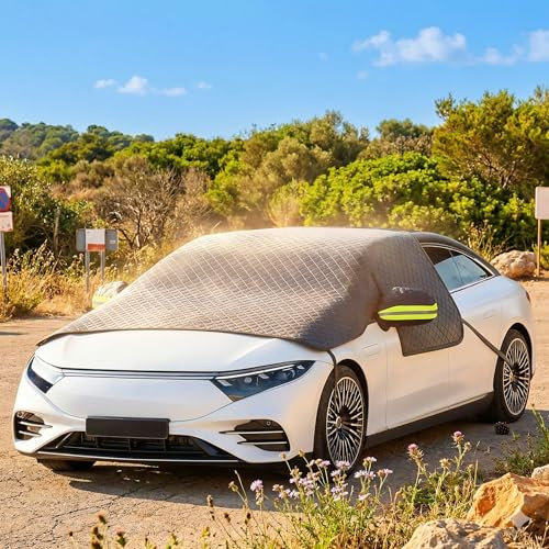 Premium Sommer Auto-Sonnenschutz – Magnetische Frontscheibenabdeckung & Halbgarage für Pkw & SUV mit Reflektorstreifen – Hitzeschutz, UV-Blocker & Windschutz (259 x 114 x 142 cm)