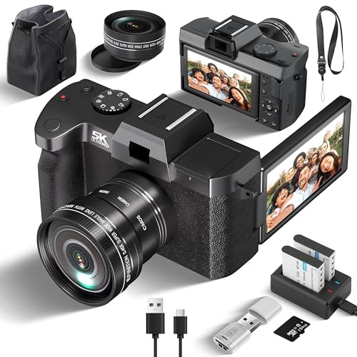 Fsjun Appareil Photo Numérique 5K-64 MP Grand Angle, Écran orientable 180° 3 Pouces,WiFi, Zoom numérique 16x, Carte SD 32 Go et 2 Batteries Li-ION, Léger et Portable pour Voyageurs et Les débutants