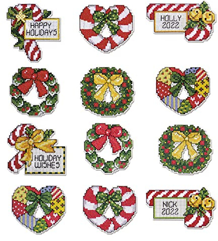 Design Works Crafts Kreuzstich Stickpackung Weihnachtsbaum-Dekoration Zuckerstangen und Kränze 12er Set, Zählmuster