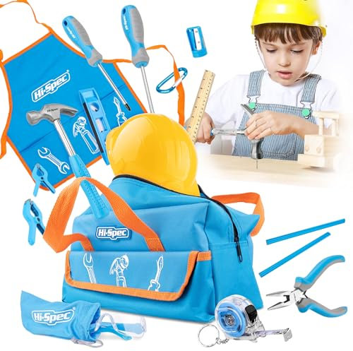 Hi-Spec 18-Piece Kids Tool Kit – Real Metal Tools with Tool Bag, Work Apron & Play Hat for Boys & Girls