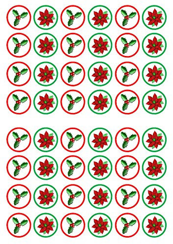 48 Christmas Holly & Poinsettia, 48 Weihnachten Stechpalme & Weihnachtsstern, Essbare PREMIUM Dicke GEZUCKERTE Vanille, Reispapier Mini Cupcake Toppers, Cake Pops, Cookies für Wafer