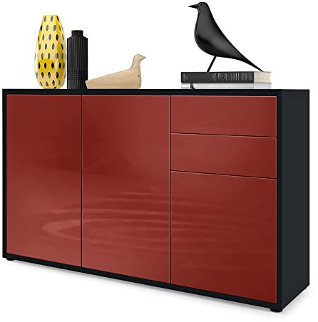 Vladon Sideboard Ben V3, Kommode mit 3 Türen und 2 Schubladen, Schwarz matt/Bordeaux Hochglanz (117 x 74 x 36 cm)