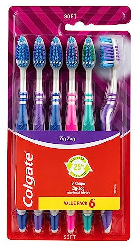 Colgate Zig Zag Handzahnbürste, Vorteilspack, weiche Borsten, Reichweite der Zahnzwischenräume, 6 Stück