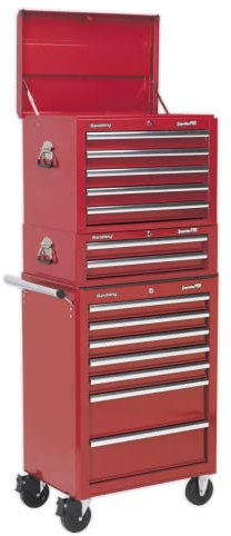 Sealey APSTACKTR Topchest, Mid-Box & Rollcab Combination 14 Drawer with Ball Bearing Slides - Red