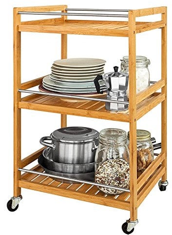BAKAJI Carrello Cucina o Bagno 3 Scomparti in Legno Bambu' Naturale 4 Ruote 46 x 38 x 76 cm, Carrello da Portata Servizio Bamboo Naturale