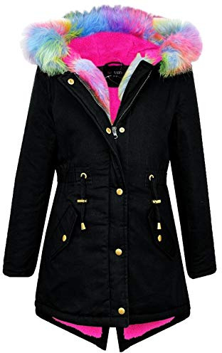A2Z 4 Kids Faux Fur Lined Parka Hooded Jacket Girls Rainbow Faux Fur - Parka Jacket Rainbow Fur Black 7-8
