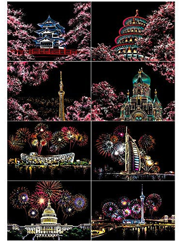 SiYear Scratch Paper Regenbogen Gemälde Skizze, City Series Night Scene, Scratch Painting kreative Geschenk, Scratchboard für Erwachsene und Kinder mit 4 Tools (A4 Feuerwerk und Kirschblüten)