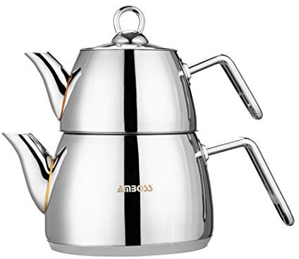 AMBOSS Turkish Teapot Set with Steam Lid 4 PCS Stainless Steel Thick Handles Induction Cooker Compatible Turkish Tea Set (Steel)