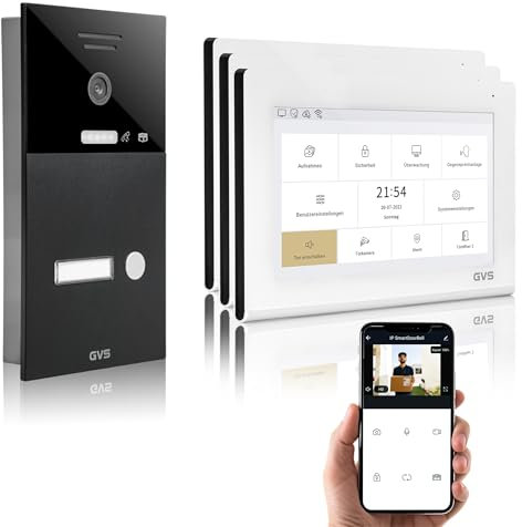 GVS - IP Video Türsprechanlage mit Türöffner, HD Kamera, 3X 7 Zoll Monitor & App - Smarte Video Türklingel mit Kamera & Gegensprechanlage für 1 Familienhaus (AVS1324U)