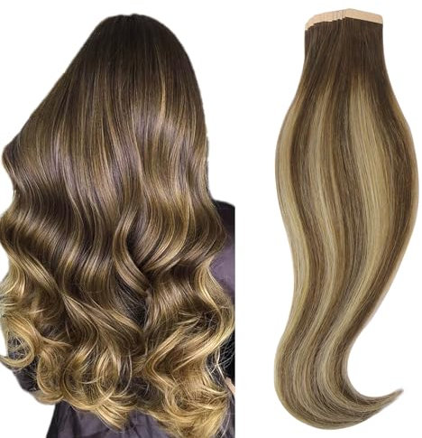 hotbanana Tape in Extensions Echthaar, 35cm Tape Extensions Echthaar 14 Zoll 20 Stück 50g Balayage Schokoladenbraun bis Karamellblond Echthaar Extensions Tape Gerade Remy Echthaar Tape Extensions
