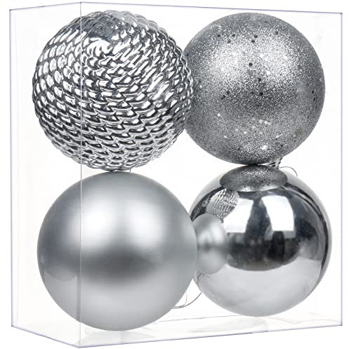 Briful 12CM Large Christmas Baubles, 4 PCS 4.7 Xmas Tree Decorations Silver Christmas Bauble Decorations Hanging Ornaments for Home Festival Decor