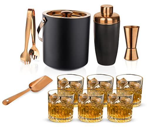 Steren Impex Ensemble de bar en acier inoxydable noir et cuivre de qualité supérieure pour boisson/cadeau, seau à glace, shaker à cocktail, trottinette à glace, doseur et pince avec lot de 6 verres à