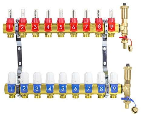 Collettore Riscaldamento a Pavimento in Ottone – Set Completo 9 Circuiti | Valvole Termostatiche, Flussometri 0,5–5,5 l/min | Attacco G1” x G3/4” B | 10 bar, 43°C