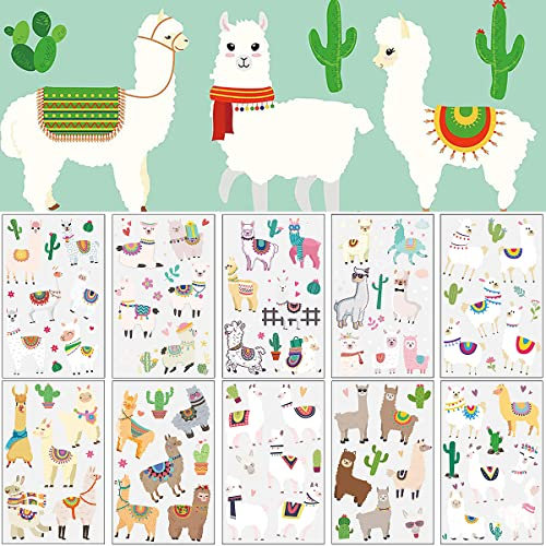 Tslinc Tattoo Kinder, 10 Blätter Alpaka Tattoos Set, Temporäre Tattoos Kinder Aufkleber, Wasserdichte Kindertattoos Alpaka Sticker für Mädchen/Jungen Kindergeburtstag Mitgebsel Party (Alpaka)