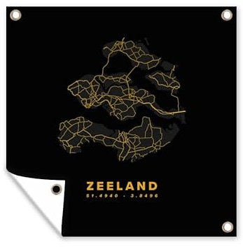 MuchoWow Outdoor-Poster Poster Wanddeko draußen Deko Garten Gartenposter 50x50 cm Zeeland - Niederlande - Karte - Schwarz und Gold