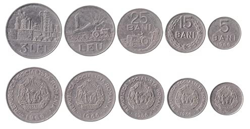 Hobby of Kings 5 Coins from Romania | Romanian Coin Set Collection 5 15 25 Bani 1 3 Lei | Circulated 1966 | Olive Leave | Tractor | Mountain | Sun