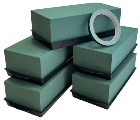 Silk Flower 5x Floral Foam with Trays & Floral Tape - Wet & Dry Florist Foam - Flower Foam for Fresh & Artificial Flowers - Flower Arranging Foam for Wedding, Party, & Funeral - Floral Foam Block