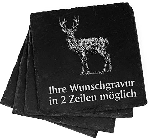 4X Hirsch Deko Schiefer Untersetzer Wunschgravur Set - 11 x 11 cm Flaschenuntersetzer Glasuntersetzer Tassenuntersetzer